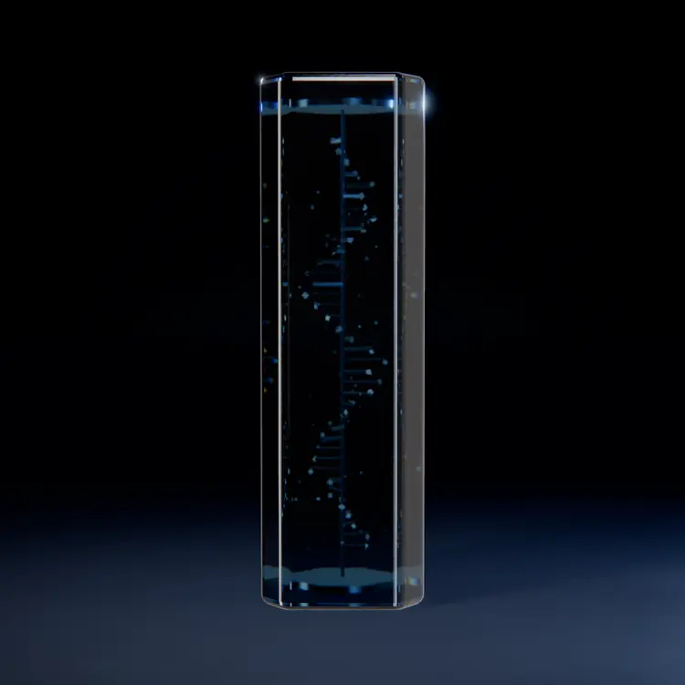 A tall glass monolith with data etched inside it, lit from one side in a dark room.